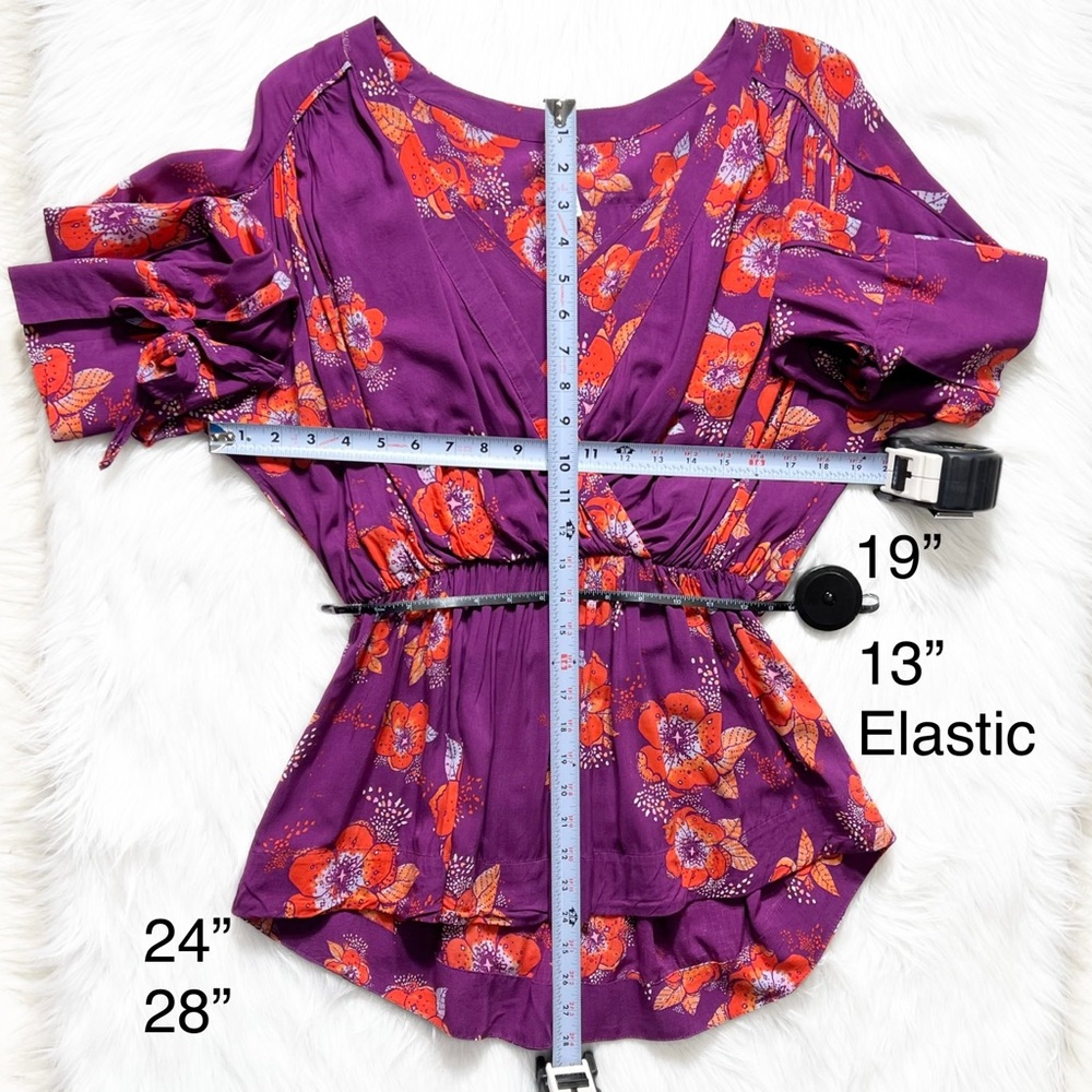 Free People Tropical Floral Print Faux Wrap Tie Sleeve Purple Peplum Blouse - Picture 15 of 15